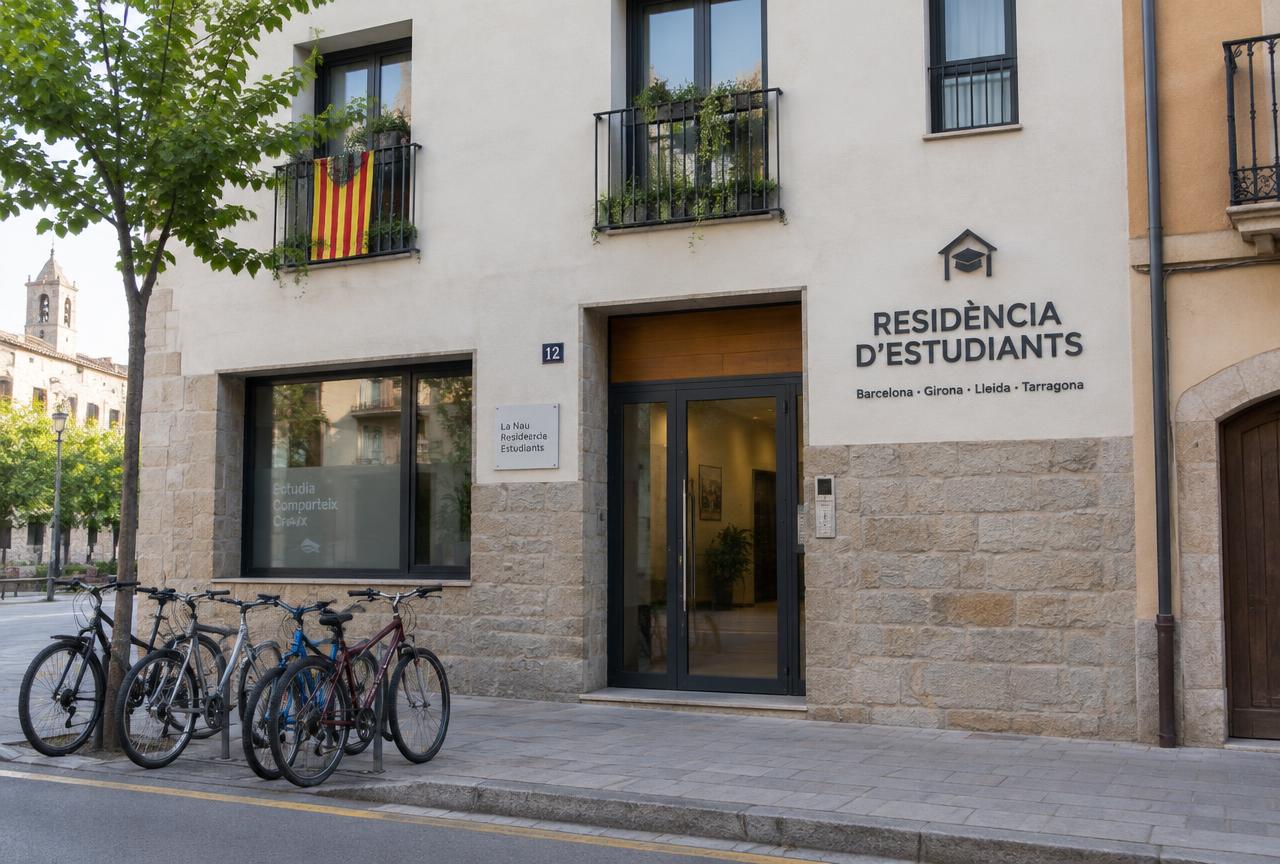 Façana de la residència universitària amb aparcament de bicicletes